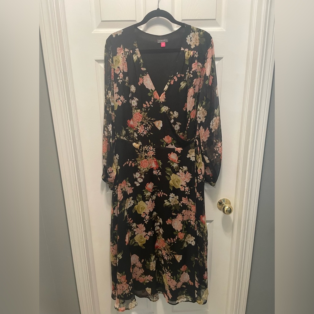 Vince Camuto Black and Pink Floral Long Sleeve Dress